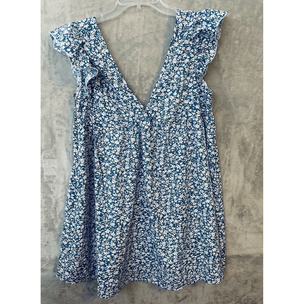 SHEIN Dress Womens Small Blue White Floral Ruffle Sleeveless V Neck‎ Babydoll